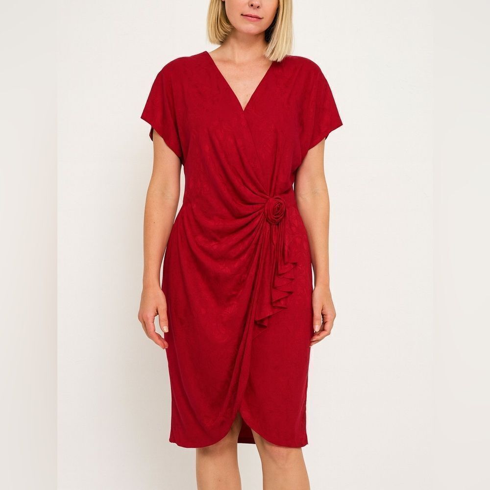 Argenti 100% Silk Red Jacquard Wrap Dress Size 14 Vintage Elegant